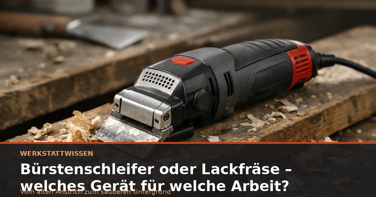 Handgeführte Lackfräse auf rauer Holzplanke, umgeben von Holzspänen auf Werkbank