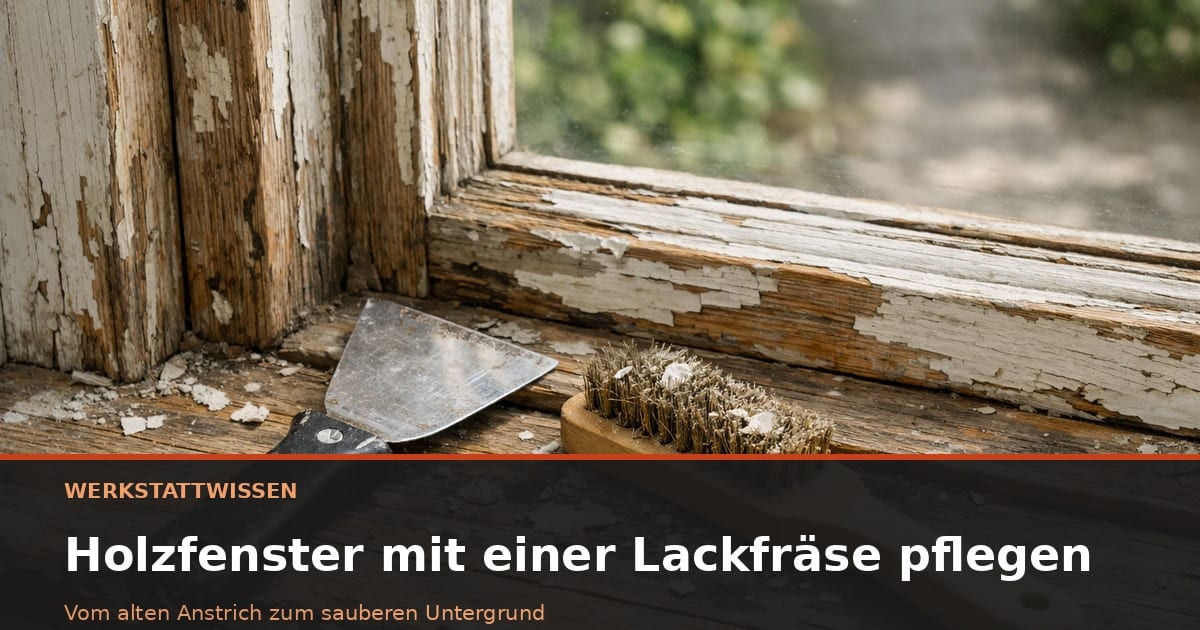 Holzfensterrahmen mit teils entferntem Lack, daneben Schaber und Bürste.