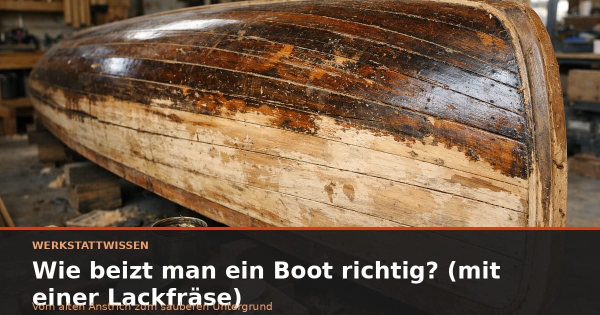 Holzbootrumpf mit teilweise entferntem Altlack und Werkzeugen in der Werkstatt