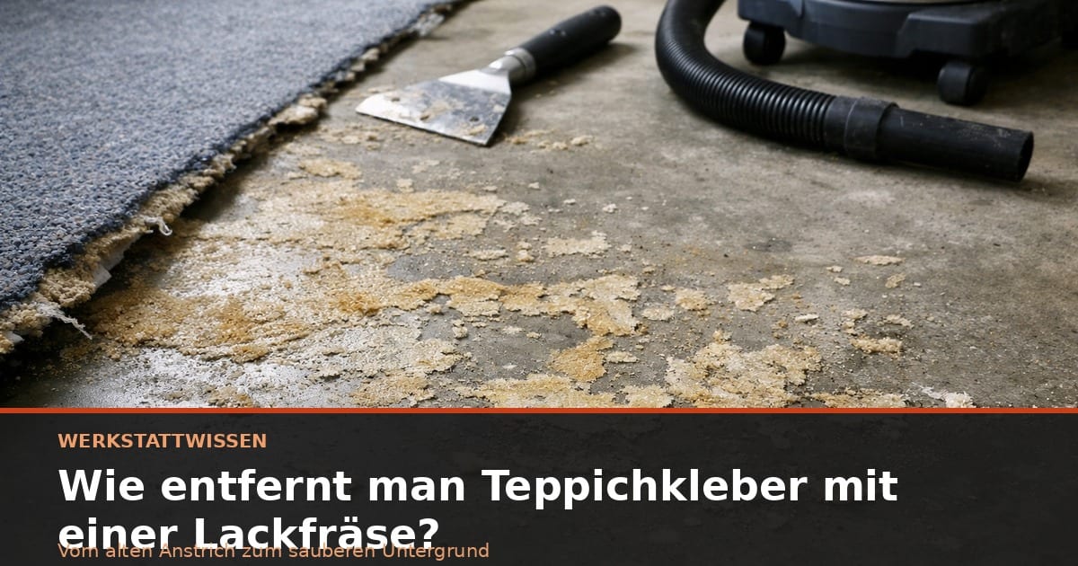 Teppichkleberreste auf Betonboden neben gelöster Teppichkante, Schaber und Sauger.