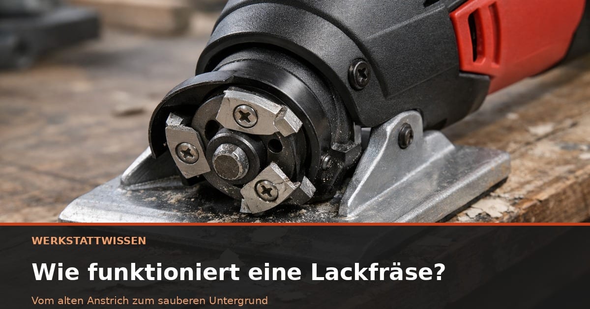 Lackfräse auf Holzbrett, Fräskopf und Auflagesohle im Detail auf Werkbank