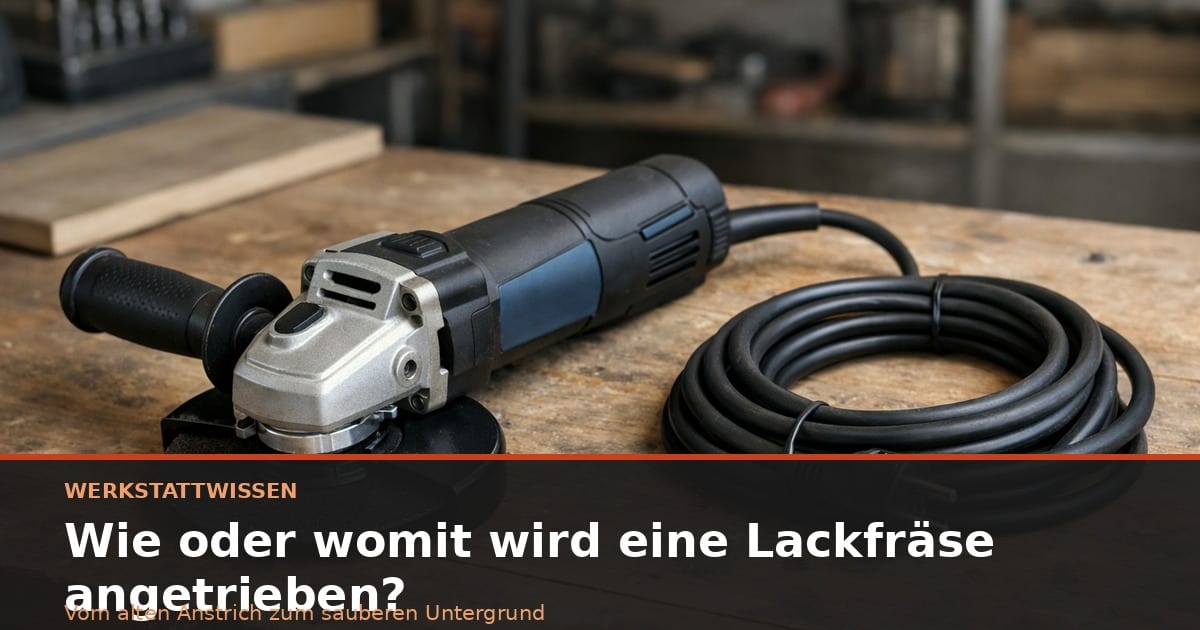 Handgeführte Lackfräse mit aufgewickeltem Stromkabel auf einer Werkbank.